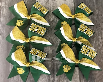 Team Cheer Bows - Your choice of Ribbon and one glitter color - alternate color will be white glitter by default - Green, Gold, Blue, Red