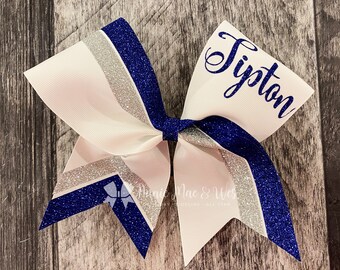 Cheer Bow - Softball Bow - White Bow with your choice of 2 glitter colors - Shown in Royal Blue and Silver Glitter