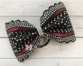 Scalloped Cheer Bow - Tailless Scalloped Cheer Bow - Black Rhinestone Cheer Bow - Black and Red  Cheer Bow - Competition Bow