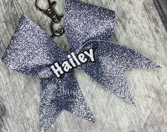 Glitter Cheer Bow Keychain - Your choice of bow color with black and white name