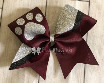 Paw Print Cheer Bows - Your choice of ribbon and one glitter color with black accents