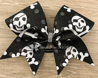 Halloween Cheer Bow - Black and White Skulls Halloween Cheer Bow - Halloween Cheer Bows - Glitter