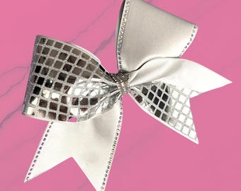 Silver Disco Cheer Bow with Rhinestones, Mirror Ball Cheer Bow, Competition Cheer Bow, All Star Cheer Bow, Dance Team Bow, Gymnastics Bow