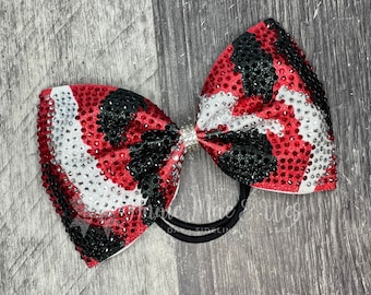 Rhinestone Camo Cheer Bow - Red Black White Camo Rhinestone Cheer Bow