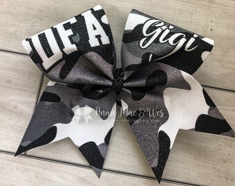 Camo cheer bow - battle cheer bow - camo cheer bows - camoflauge cheer bow - battle ready cheer bow - black white and red