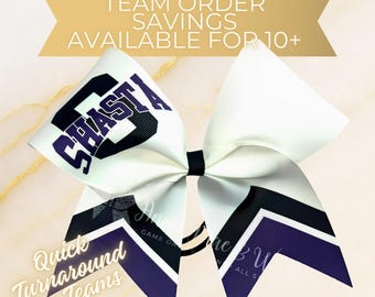 Sideline Cheer Bow - Team Cheer Bows - Cheerleading Team Bows - White cheerleading bows with your choice of 2 accent colors- black, purple