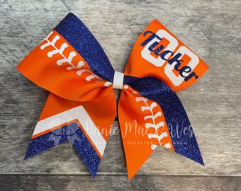 Softball Bow - Your choice of ribbon and one glitter colors - stitches will be white