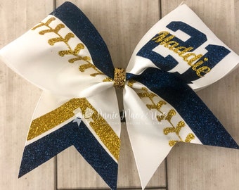 Softball Bow - White softball bow with your choice of 2 glitter colors