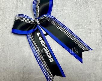Long tail classic cheer bow - Your choice of base ribbon plus black satin and white glitter and crystal rhinestones