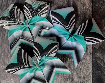 Black and Teal Cheer Bow - Rhinestone Competition Cheer Bow