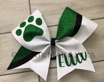 Paw Print Team Cheer Bow - Team Cheer Bows - Green Black Silver White Cheer Bows