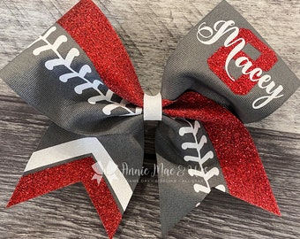 Custom Softball Bow for Teams – Glitter Stripe Ponytail Bow – Choose Team Colors – Personalized Game Day Hair Accessory