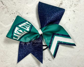 Custom Cheer Bow – Teal & Navy Glitter Cheer Bow with Chevron – Personalized Spirit Hair Bow for Teams