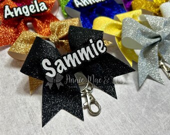 Glitter Cheer Bow Keychain - Your choice of bow color with black and white name