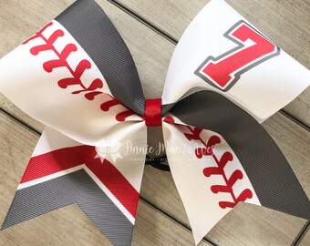 Softball bow - red and gray softball cheer bow - team cheer bow - team cheer bows - softball bows - senior cheer bows