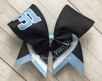 Softball team cheer bow - black and columbia blue - columbia blue and black - carolina blue
