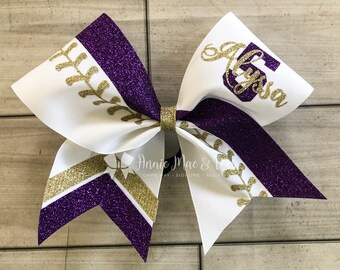 Softball Bow - White bow with your choice of 2 glitter colors