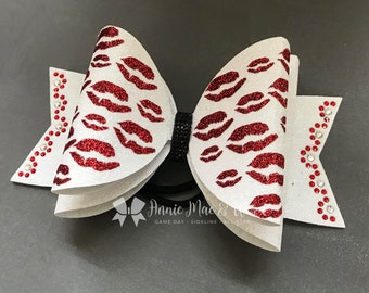 Custom Dolly Cheer Bows - white glitter red rhinestones - Competition Cheer Bows