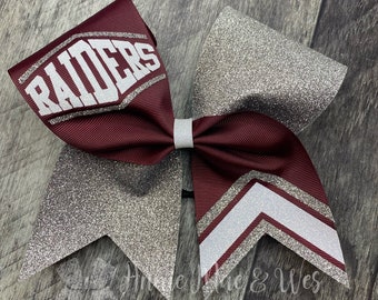 Custom Glitter Cheer Bow with Team or Mascot Name – Softball or Cheer Team Spirit Hair Bows – Maroon, Yellow, Green, Purple, Red, Black