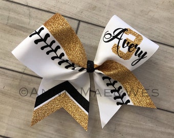 Softball team cheer bow - black and gold softball cheer bow - team cheer bow - team cheer bows - softball bows - senior cheer bows