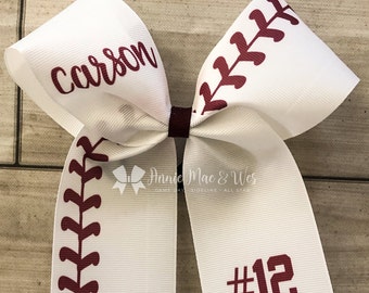 White and Maroon Softball bow - softball bows - long tail softball bow - collegiate style bow - 2.25" ribbon bow - maroon