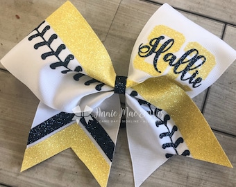 Softball Bows - White bow with your choice of 2 glitter colors.