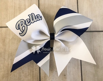 Custom Softball Bows - Custom Cheer Bows - Striped Softball Bows - Navy and Gray - Navy and silver - blue and silver