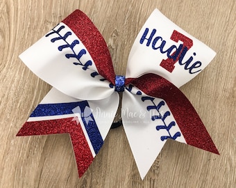 Softball team cheer bow - red and royal blue softball cheer bow team cheer bows - softball bows - red and blue softball bows