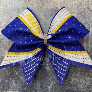 Competition Cheer Bow with Rhinestones – Custom Team Colors – Glitter Cheerleading Hair Bow - Royal Blue - Yellow Gold - Red - Black