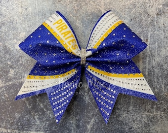Competition Cheer Bow with Rhinestones – Custom Team Colors – Glitter Cheerleading Hair Bow - Royal Blue - Yellow Gold - Red - Black
