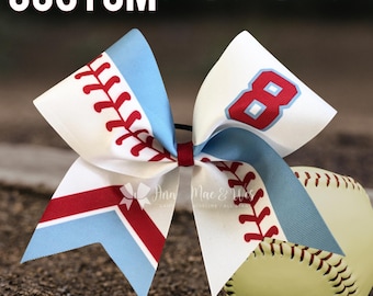 Custom Softball Bow – Columbia Blue, Red, White Ribbon
