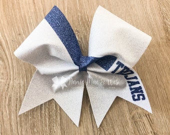 White Glitter Cheer bow - Trojans - White Glitter Cheer Bows - Columbia Blue