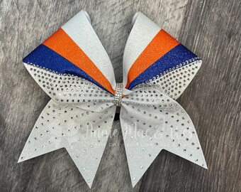 Custom Cheer Bows - White bow with your choice of 2 colors with Crystal Rhinestones
