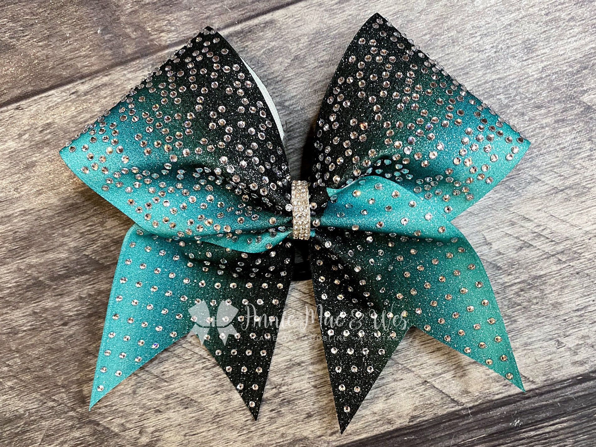 Teal and Black Ombré Glitter Tailless Rhinestone Bow Cheer 