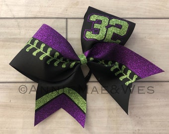 Black Softball Bow - Light Green and Purple Glitter Black Softball Bow -