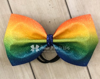 Rainbow Cheer Bow - 4 inch tailless tie dye cheer bow - tie dye cheer - tie dyed - tie dye bow - tie dye cheer bows - tie dye softball bows