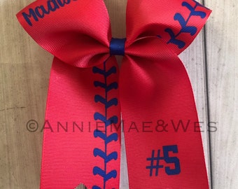 Red and Royal Blue Softball bow - softball bows - long tail softball bow - collegiate style bow - 2.25" ribbon bow - orange softball bow