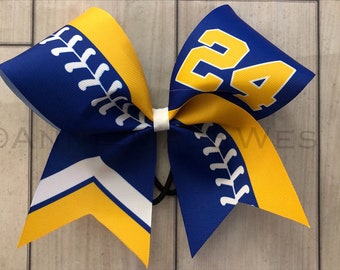 Softball bow - blue and yellow softball cheer bow - team cheer bow - team cheer bows - - cheer bows - softball bows - blue and gold
