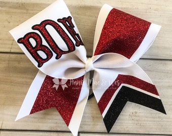 Cheer Bow - Monogrammed Red and Black glitter cheer bow - fishtail monogram - black and red - red and black - softball bow - softball bows