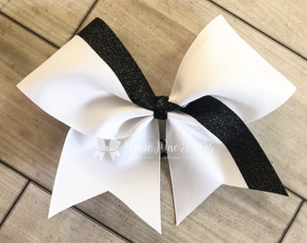Cheer Bow - White Bow with Black Glitter Stripe - Black and white Cheer Bows white and black cheer bows
