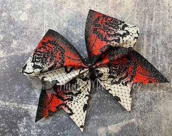 Custom Cheer Bow with Lace and Roses - Shown in Glitter & Rhinestone Finish with Jet Black Rhinestones