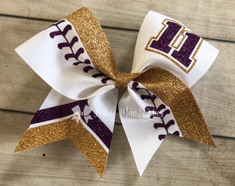 Purple and Gold Softball Bow - softball bows - gold and purple - bright blue and dark pink - purple and yellow