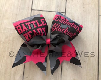 Camo cheer bow - battle cheer bow - camo cheer bows - camoflauge cheer bow - battle ready cheer bow - black white and pink