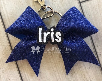 Glitter Cheer Bow Keychain - Your choice of bow color with black and white name