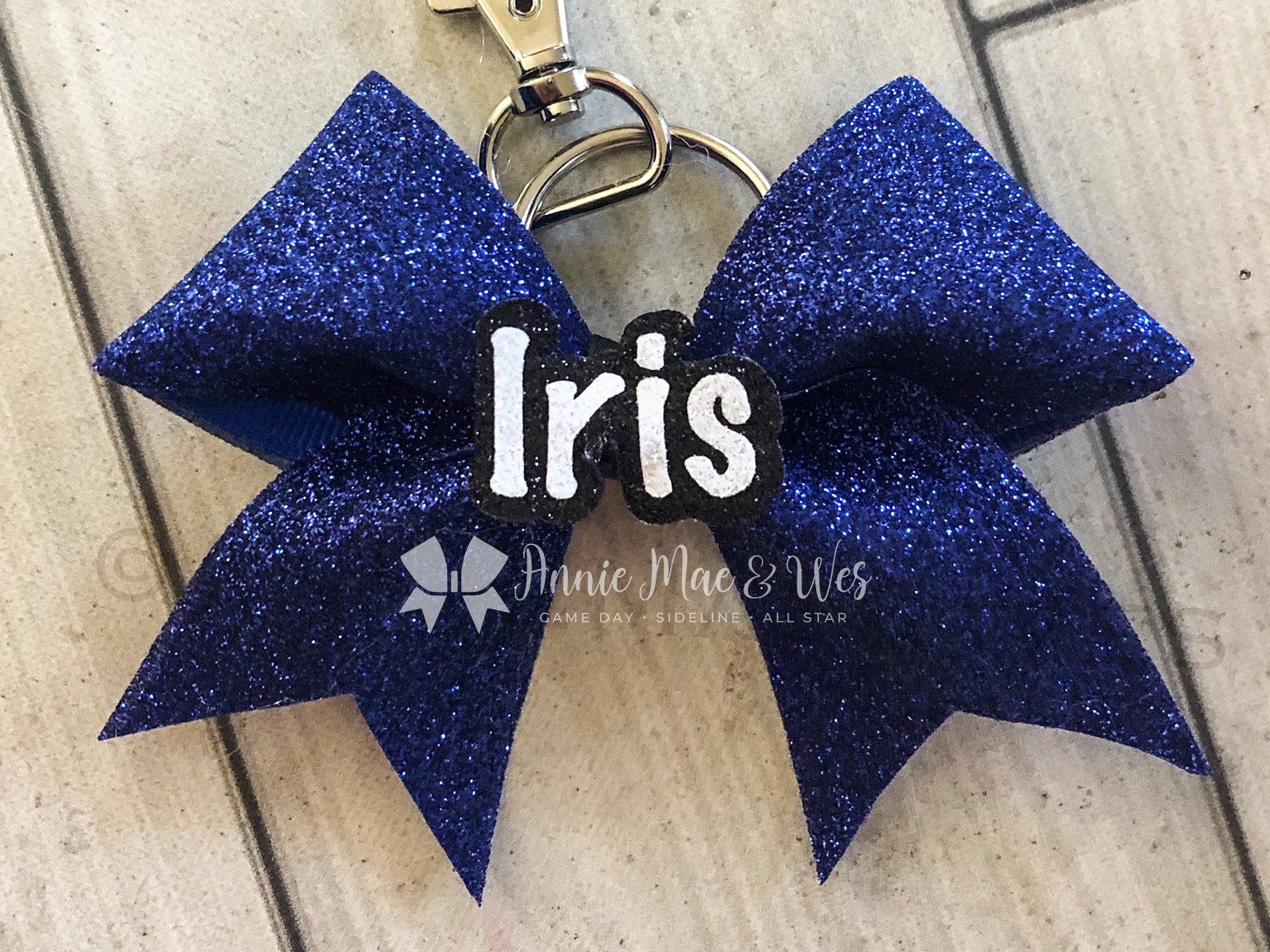 Glitter Cheer Bow Keychain - Your choice of bow color with black and white  name