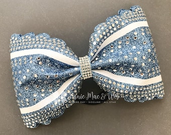 Competition Cheer Bow - Tailless Scalloped Cheer Bow - Columbia Blue and White Cheer Bow - Carolina Blue and White