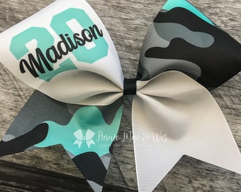 Softball Bow - Black teal and gray - camo cheer bow - camo softball bow