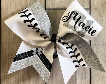 Softball Bow - White bows with your choice of 2 glitter colors