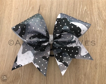 Rhinestone Camo cheer bow - battle cheer bow - camo cheer bows - camoflauge cheer bow - battle ready cheer bow - black white and red