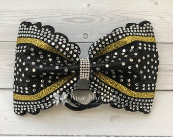 Scalloped Cheer Bow - Tailless Scalloped Cheer Bow - Black Rhinestone Cheer Bow - Black and Gold  Cheer Bow - Competition Bow